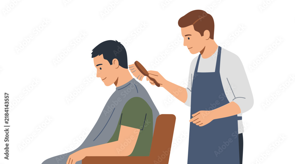 Fototapeta premium Barber cutting client's hair with brush, isolated on white background