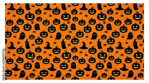 Seamless pattern with jackolantern pumpkins, ghosts, spiders, and witch hats on an orange background