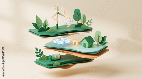 Sustainable energy concept featuring floating platforms with wind turbines solar panels and a battery rendered in a minimalist 3d style with soft pastel lighting tones.