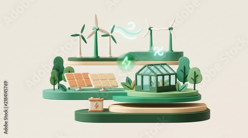 Sustainable green energy ecosystem featuring 3d wind turbines solar panels and a small glass greenhouse with glowing electricity icons rendered in a soft pastel style