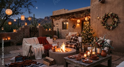 A cozy Christmas evening gathering outdoors by the fire and with festive Christmas decorations.