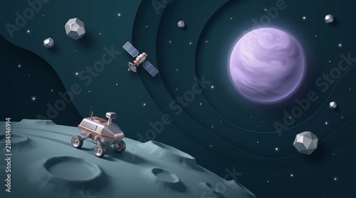 Metallic moon rover traverses the cratered lunar surface while a satellite orbits near a glowing purple planet in this stylized artistic space scene with dark tones.
