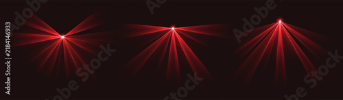 Party laser beams, red disco show spotlights, concert stage lights. Glowing show lasers. Magic rays for a dance party. Vector illustration.