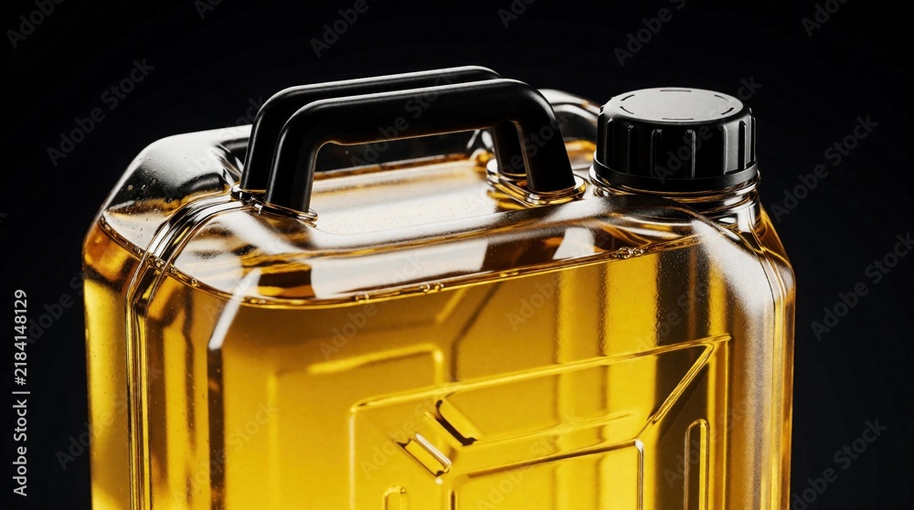 Obraz premium Plastic jerrycan holds golden yellow liquid, likely fuel or oil. Container has black handle and cap, set against dark background. This visual relates to energy, transport, and industrial supplies.