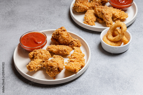 Chicken Tenders and Onion Rings with Sauce