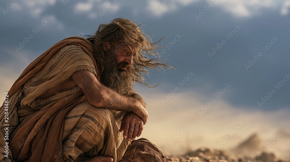 Fototapeta premium Job seated on the ground in deep suffering, remaining steadfast in faith and unwavering trust in God.