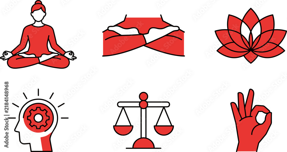 Fototapeta premium Set of yoga and meditation icons including lotus flower, zen person, balance scale, and mindfulness symbols for wellness and mental health concepts