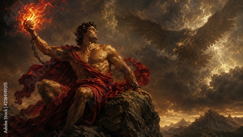 Chained Prometheus holding fire on rock during eagle attack in stormy sky