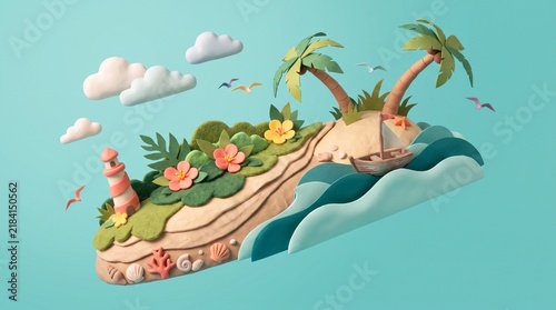 Tropical island miniature diorama featuring lush palm trees, colorful clay flowers, a small wooden boat, and a quaint lighthouse crafted from sculpted artistic modeling clay materials.
