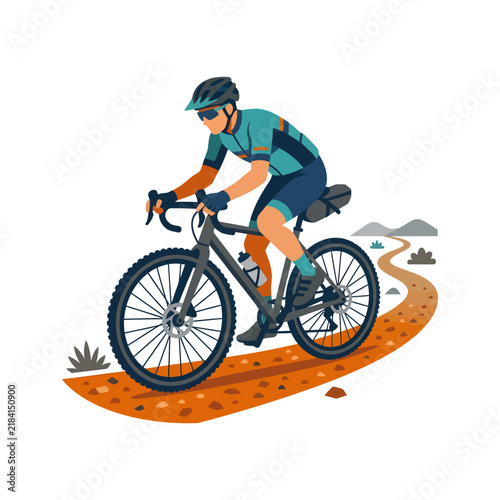 Cyclist Riding Mountain Bike on Trail in Outdoor Nature Scene.