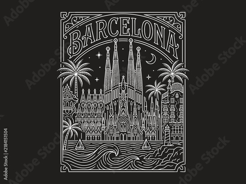 Barcelona Sagrada Familia Palm Trees and Mediterranean Waves Detailed Black and White Spain Travel Line Art Logo