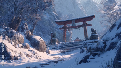 A traditional red torii gate stands tall amid a tranquil snowy mountain landscape marking the entrance to a sacred shrine