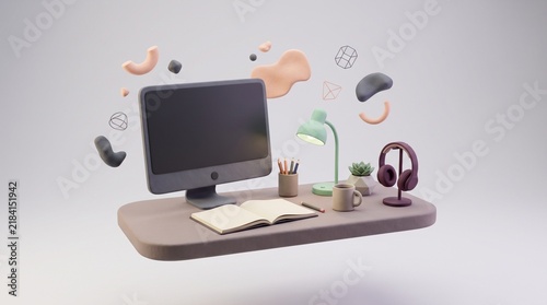 Minimalist computer workspace featuring a modern desktop monitor with floating abstract geometric shapes and soft pastel colors in a clean 3d rendered clay style composition