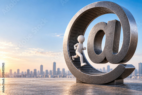 White figure runs inside a giant email symbol. Space for text.