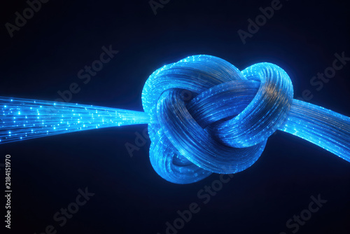 Glowing blue fiber optic cable forms a tight knot. Space for text.