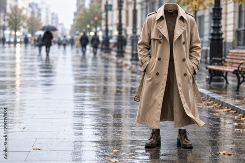 Empty trench coat and boots stand on a rainy street. Space for text.