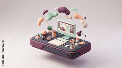 Modern digital workspace featuring a computer monitor with floating 3d organic shapes and office accessories in a soft pastel color palette with clean isometric style