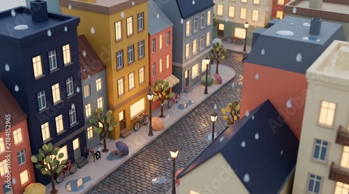 Colorful miniature city street featuring isometric houses with glowing windows, wet cobblestone ground, falling raindrops, and charming bicycles captured in a high quality 3d digital render