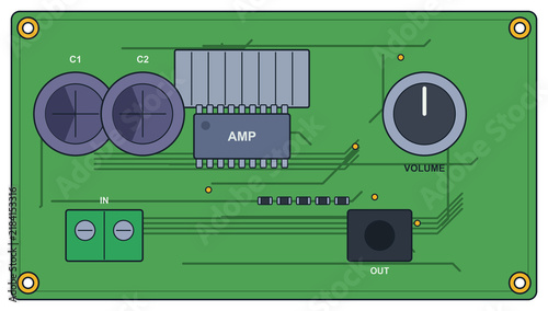 Obraz na plátně Audio amplifier circuit board with capacitors and volume control