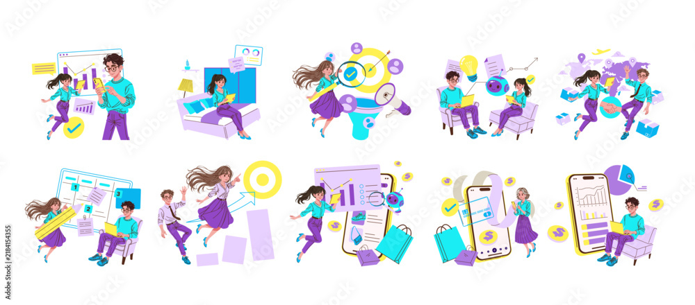 Fototapeta premium Business people using smartphones for online marketing set