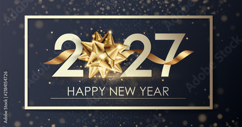 Christmas and New Year 2027 Typographical. New Year background with winter landscape with branches of spruce and pines. New Year 2027 card. Vector Illustration for Your holiday design