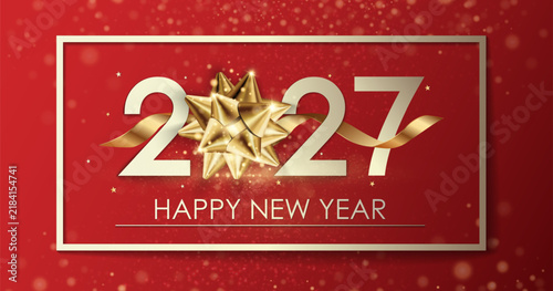 Christmas and New Year 2027 Typographical. New Year background with winter landscape with branches of spruce and pines. New Year 2027 card. Vector Illustration for Your holiday design