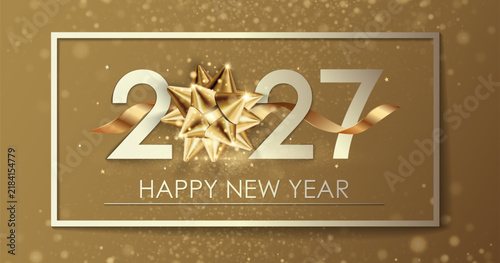 Christmas and New Year 2027 Typographical. New Year background with winter landscape with branches of spruce and pines. New Year 2027 card. Vector Illustration for Your holiday design