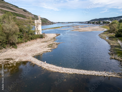 Blick auf den Mäuseturm und Weinberge am Rhein bei Niedrigwasser