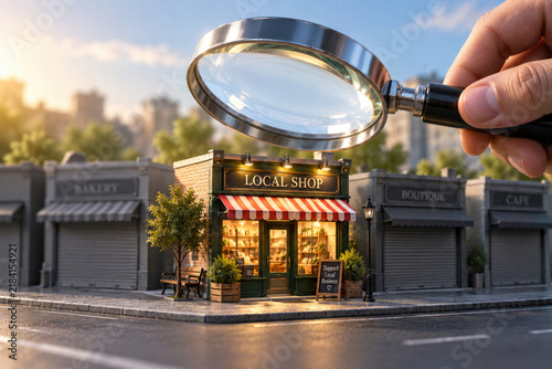 Magnifying glass highlights a local shop on a city street.