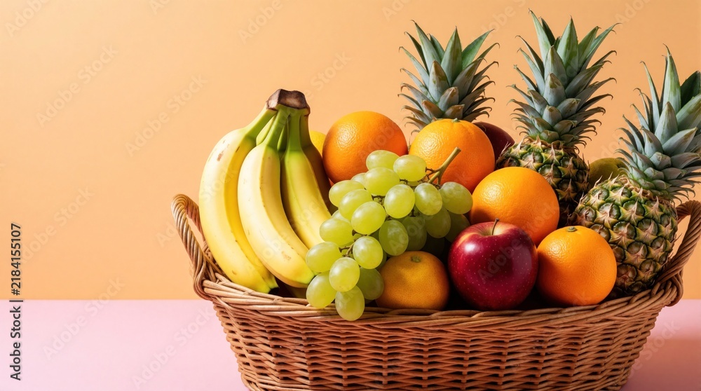 Obraz premium Woven basket overflows with ripe bananas, juicy grapes, bright oranges, and tropical pineapples. A vibrant mix of fresh fruit provides natural sweetness and healthy nourishment for any meal.