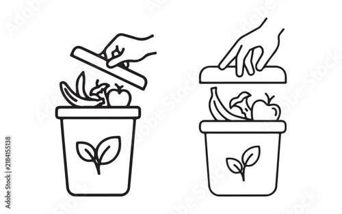 Organic waste composting bins icons with food scraps and leaves represent biological decomposition.