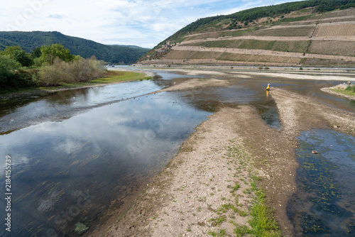 Niedrigwasser im Rhein mit freiliegenden Kiesbänken und Weinbergen an der Nahemündung