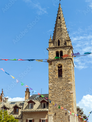 Barcelonette church tower in town square