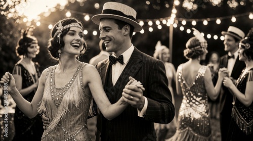 Couple dances at an outdoor 1920s party. Guests in vintage flapper dresses and suits celebrate with music and string lights. Joyful retro romance and festive atmosphere.