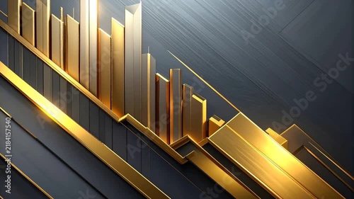Grafico finanziario 3D astratto con linee dorate in crescita su superficie scura opaca. Spazio negativo centrale, perfetto per b-roll di trading, economia e fintech