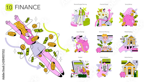 Finance concept set showing saving budgeting and banking