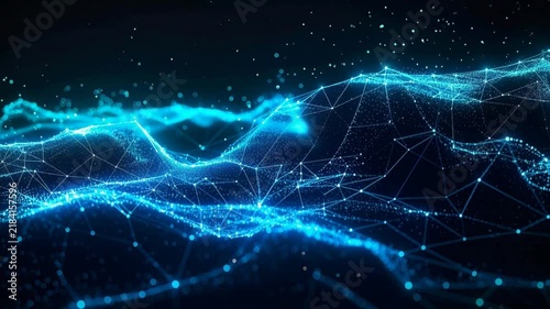 Sfondo astratto 3D con creste e onde di plessi geometrici blu neon e ciano su fondo nero. Ideale per concetti di intelligenza artificiale, big data e connettività di rete