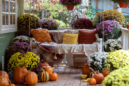 Cozy autumn porch with colorful chrysanthemums, pumpkins and swing bench