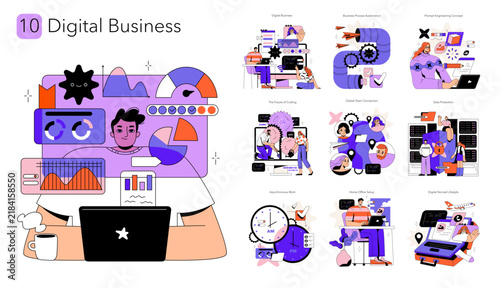 Digital Business Team Working With Analytics Dashboard Set