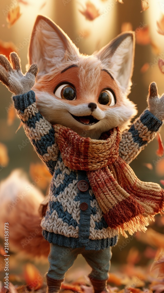 Obraz premium A fox character enjoys jumping and playing in colorful leaves. It wears a cozy sweater and scarf in a warm setting.