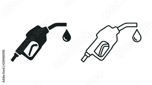 Vector illustration of fuel pump nozzle icons with oil drop, solid and outline style on a transparent background