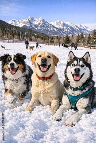 Three happy dogs, a yellow labrador retriever, a sled dog (a husky), and a golden retriever, sit together in snow with a beautiful mountain backdrop, smiling and enjoying the winter day.