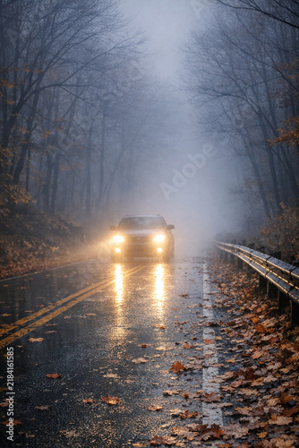 Nighttime autumn road during heavy rain, with a car's headlights piercing the fog and mist, and the highway lined with fallen leaves.