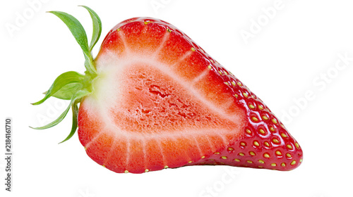 Fotografie Isolated fresh organic half strawberry fruit, sweet red summer berry, healthy vegetarian dessert