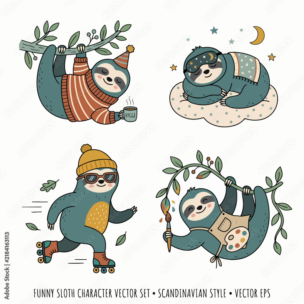 Fototapeta premium Cute Sloth Character Set Combining Humor, Colorful Details, and Playful Storytelling
