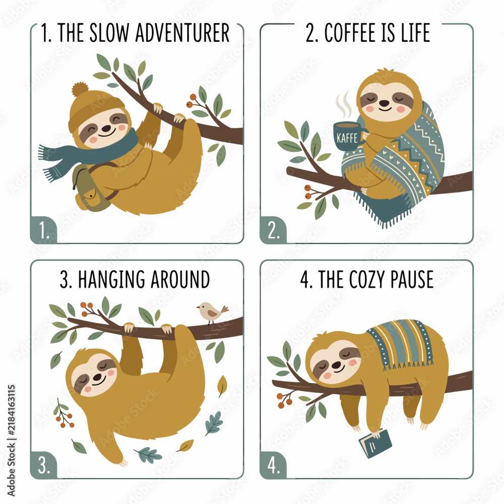 Obraz premium Cute Sloth Character Illustrations Showing Different Activities and Entertaining Animal Personalities