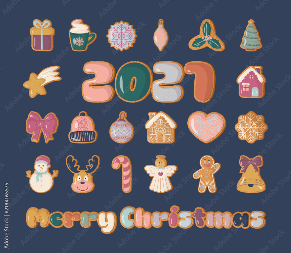 Fototapeta premium Gingerbread cookies set. Festive Christmas gingerbread cookies pack on blue backdrop. Sweet Xmas food, festive dessert treat, bakery decorated with icing. Flat vector illustrations
