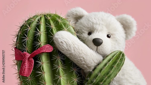 Fluffy Teddy Bear Hugging Cactus on Pink Background