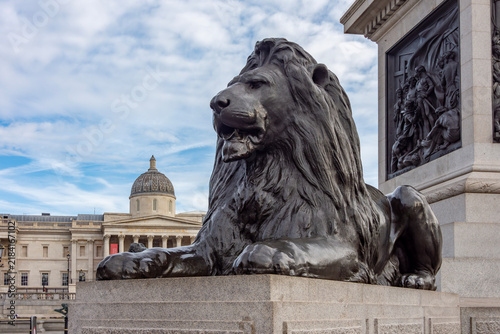 Lion statue at Nelson column and National Gallery on Trafalgar square, London, UK