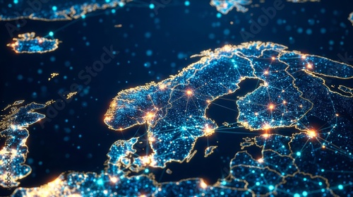 Digital map of Scandinavia showing glowing data network connections across land and sea.